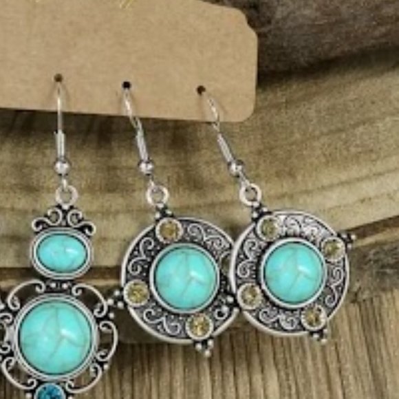 Set of 3 Silver Pendant Earrings w/ Turquoise Color Stones 925 Silver Hooks - Picture 4 of 4